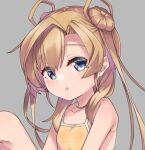  1girl abukuma_(kancolle) blonde_hair blue_eyes camisole collarbone commentary_request double_bun flat_chest grey_background hair_between_eyes hair_bun hair_rings kantai_collection long_hair looking_at_viewer simple_background sitting solo upper_body uut yellow_camisole 