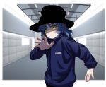  1girl black_headwear blue_hair blue_sweater bocchi_the_rock! cosplay hand_up indoors jamiroquai jay_kay jay_kay_(cosplay) looking_at_viewer mole mole_under_eye myjet short_hair solo sweater turtleneck turtleneck_sweater yamada_ryou yellow_eyes 