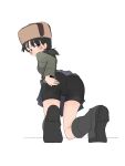  1girl bike_shorts bike_shorts_under_skirt black_footwear black_hair black_shorts black_skirt black_vest blue_eyes blush boots brown_headwear closed_mouth commentary from_behind fur_hat girls_und_panzer green_jacket guropara half-closed_eyes hand_on_own_ass hat highres jacket kneeling long_sleeves looking_at_viewer looking_back low_twintails military_uniform miniskirt nina_(girls_und_panzer) pleated_skirt pravda_military_uniform short_hair short_twintails shorts simple_background skirt smile solo trefoil twintails uniform ushanka vest white_background 