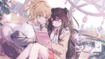  2girls black_hair blonde_hair blurry blurry_background blush book braid commission couch frills green_eyes highres holding holding_book holding_head jacket long_hair long_sleeves looking_at_another multiple_girls off_shoulder open_book original ponytail reading red_eyes red_skirt ribbon shirt short_hair sitting sitting_on_person skirt umehara_sei very_long_hair yuri 
