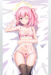  1girl absurdres bed blue_archive bra breasts closed_mouth collarbone commentary flygombal halo highres lingerie looking_at_viewer lying medium_hair navel one_eye_closed panties pink_eyes pink_hair see-through serina_(blue_archive) small_breasts solo thighhighs underwear 