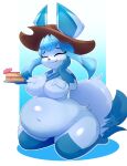  absurd_res alternate_gender anthro anthrofied belly big_belly big_breasts blue_arms blue_body blue_breasts blue_ear_tips blue_ears blue_fur blue_inner_ear blue_legs blue_scarf breasts brown_clothing brown_hat brown_headwear cake chubby_female clothing dessert eeveelution eyes_closed featureless_breasts featureless_crotch female fingers food fur generation_4_pokemon glaceon hand_on_own_face hat headgear headwear hi_res holding_cake holding_food holding_object lhacedor male_(lore) mickeon mostly_nude naturally_censored nintendo outline overweight overweight_anthro overweight_female pokemon pokemon_(species) scarf short_stack simple_background smile solo spoon_in_mouth weight_gain white_background white_outline wide_hips 