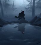  absurd_res anthro canid canine canis fog forest fur glistening hi_res male mammal nature night plant reflection star tree water water_reflection were werecanid werecanine werewolf wolf 