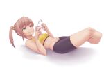 1girl abs amputee bike_shorts blonde_hair cellphone double_amputee full_body green_eyes highres holding holding_phone ibarazaki_emi irony katawa_shoujo legs_up lying midriff phone reqqles smartphone smile smug solo sports_bra taking_picture twintails white_background 