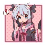  ! 1girl aqua_eyes aqua_gemstone azusa_mifuyu black_choker black_gloves blush border choker cross-laced_clothes detached_sleeves dot_nose fur-trimmed_jacket fur-trimmed_sleeves fur_trim gloves grey_hair grey_jacket grey_ribbon grey_sleeves hair_horns hair_ribbon hand_on_own_cheek hand_on_own_face hands_up hara_(nanohara) highres hood hood_down hooded_jacket jacket magia_record:_mahou_shoujo_madoka_magica_gaiden magical_girl mahou_shoujo_madoka_magica outside_border pendant_choker pink_background ribbon short_hair sleeveless sleeveless_jacket solo spoken_exclamation_mark upper_body white_border 