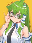  1girl adjusting_eyewear antenna_hair bespectacled black-framed_eyewear black_necktie blue_bow bow breasts collared_shirt commentary_request crossed_bangs dated detached_sleeves expressionless frog_hair_ornament glasses green_eyes green_hair hair_ornament highres kei_jiei kochiya_sanae large_breasts long_hair looking_at_viewer medium_bangs necktie open_mouth rectangular_eyewear shirt simple_background single_hair_tube sleeve_bow sleeveless sleeveless_shirt snake_hair_ornament solo touhou upper_body white_shirt white_sleeves yellow_background 