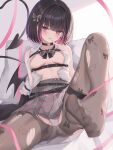  1girl :q absurdres areola_slip belt black_belt black_choker black_hair blunt_bangs blurry blurry_foreground bow bow_print bowtie breasts choker closed_mouth collared_shirt colored_inner_hair commentary demon_girl demon_tail demon_wings earrings feet finger_to_mouth foot_out_of_frame grey_skirt hair_bow heart heart_earrings highres indie_virtual_youtuber jewelry leg_up looking_at_viewer mini_wings miniskirt multicolored_hair panties pantyhose pink_eyes pink_hair plaid plaid_bow plaid_bowtie plaid_skirt pleated_skirt rikotan_(vtuber) shirt short_hair sidelocks sitting skirt sleeveless sleeveless_shirt smile solo streaked_hair symbol-only_commentary tail thigh_strap toes tongue tongue_out torn_clothes torn_pantyhose torn_shirt twinn_22 underwear virtual_youtuber white_panties white_shirt wings 