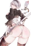  1girl 2b_(nier:automata) absurdres ass ass_focus black_hairband black_thighhighs blue_eyes boots breasts feather-trimmed_sleeves feather_trim from_behind gloves groin hairband highres juliet_sleeves katana large_breasts leotard long_sleeves looking_at_viewer nier:automata nier_(series) no_blindfold nui_gurumi open_mouth partially_visible_vulva pod_(nier:automata) puffy_sleeves short_hair sideboob spread_legs sword thighhighs thighhighs_under_boots thighs thong_leotard weapon white_background white_hair white_leotard 