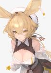  1girl animal_ears arknights bare_shoulders blonde_hair breasts brown_skirt cleavage cleavage_cutout clothing_cutout cowboy_shot dorothy_(arknights) from_above gloves hair_intakes hat highres io_(io_oekaki) large_breasts long_hair looking_at_viewer looking_up mouse_ears parted_lips simple_background skirt smile solo white_background white_headwear yellow_eyes yellow_gloves 