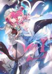  2girls bare_shoulders black_dress blue_dress blue_eyes blush breasts dragon_girl dragon_horns dragon_tail dress dual_persona elizabeth_bathory_(cinderella_rider)_(fate) elizabeth_bathory_(cinderella_rider)_(scullery_maid)_(fate) elizabeth_bathory_(fate) fang fate/grand_order fate_(series) hair_ribbon highres holding_hands horns interlocked_fingers long_hair looking_at_viewer multiple_girls no-kan official_alternate_costume one_eye_closed open_mouth pink_hair pointy_ears puffy_short_sleeves puffy_sleeves ribbon short_sleeves sidelocks skin_fang small_breasts smile tail 