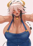  animal_ears armpits bell blue_overalls blush breasts brown_eyes cathyl commission cow_ears cow_girl cow_horns cow_tail cowbell cream_cod dark-skinned_female dark_skin highres horns huge_breasts monster_musume_no_iru_nichijou naked_overalls neck_bell open_mouth overalls tail tall_female 
