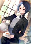  1girl absurdres arrow_(tamawo222) blue_eyes blue_hair butler buttons cup formal highres holding original plate pouring reverse_trap short_hair suit tea teacup teapot window 