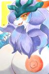  absurd_res anthro blue_body blue_hair breasts claws female finger_claws hair hi_res looking_at_viewer nintendo nipples open_mouth paradox_pokemon pokemon pokemon_(species) red_eyes solo traditional_media_(artwork) u_ka walking_wake yellow_sclera 