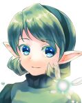  1girl blue_eyes commentary_request green_hair green_hairband hairband highres lo_lis medium_hair navi pointy_ears portrait saria_(zelda) signature smile the_legend_of_zelda the_legend_of_zelda:_ocarina_of_time turtleneck 