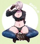  angel_(kof) backless_pants blue_eyes boots bra breasts chaps cleavage cowboy_boots crop_top cropped_jacket fingerless_gloves gloves hair_over_one_eye hasuda_kunkun jacket large_breasts leather leather_jacket looking_at_viewer midriff pants short_hair snk strapless strapless_bra the_king_of_fighters the_king_of_fighters_xiv toned underwear white_hair 