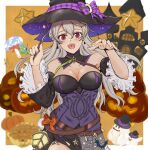  1girl banelon breasts candy castle cleavage detached_sleeves earrings fire_emblem fire_emblem_heroes food ghost grey_hair hair_between_eyes halloween hat highres holding holding_wand jewelry lantern lollipop long_hair long_sleeves looking_at_viewer medium_breasts open_mouth pie pointy_ears pumpkin purple_eyes robin_(female)_(halloween)_(fire_emblem) smile solo swirl_lollipop teeth tongue upper_teeth_only wand witch_hat 