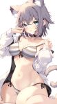  1girl :q absurdres animal_ear_fluff animal_ears bare_shoulders bikini black_choker blue_eyes breasts cat_ears cat_girl cat_tail choker cleavage closed_mouth collarbone commission extra_ears front-tie_bikini_top front-tie_top grey_hair hands_up highres jacket jun_(aousa0328) long_sleeves looking_at_viewer medium_breasts navel off_shoulder open_clothes open_jacket original short_hair side-tie_bikini_bottom simple_background sitting skeb_commission skindentation smile solo stomach strap_pull swimsuit tail thighs tongue tongue_out white_background white_jacket 