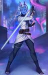  1girl absurdres artist_logo artist_name belt black_gloves black_pants blue_eyes blue_skin brown_belt city colored_skin dated energy_sword fallingmist full_body gloves highres holding holding_lightsaber holding_weapon jedi lightsaber looking_at_viewer night outdoors pants solo star_wars star_wars:_the_old_republic sword togruta vambraces weapon white_lightsaber white_tunic 