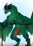  &lt;3 balls bedroom_eyes blush claws dragon erection feathered_dragon feathered_wings feathers feral genitals green_body green_feathers hi_res horn knot male narrowed_eyes on_hind_legs penis sardrel seductive simple_background smile solo wings 