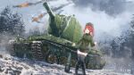  1girl adapted_uniform belt bf_109 blush boots cloud cloudy_sky epaulettes fire forest garrison_cap hat karo-chan knees_together_feet_apart kv-2 long_hair military military_uniform military_vehicle motor_vehicle nature open_mouth original outdoors pleated_skirt ponytial red_hair signature skirt sky smile snow snowing soldier solo tank thighhighs uniform war war_thunder world_war_ii 