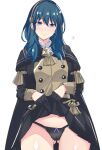  1girl absurdres ass_visible_through_thighs black_gloves black_panties black_skirt blue_eyes blue_hair blush breasts byleth_(female)_(fire_emblem) byleth_(fire_emblem) cape closed_mouth clothes_lift dot_nose epaulettes fire_emblem fire_emblem:_three_houses frilled_skirt frills garreg_mach_monastery_uniform gloves hair_between_eyes half_gloves headband highres large_breasts latte lifted_by_self long_hair looking_at_viewer medium_hair panties pleated_skirt shiny_skin simple_background skirt skirt_lift smile solo sweat sweatdrop thighs underwear uniform white_background 