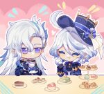  1boy 1girl ahoge ascot asymmetrical_gloves black_ascot black_gloves blue_hair blue_headwear blue_jacket blush cake cake_slice chibi closed_mouth cup eating food furina_(genshin_impact) genshin_impact gloves hat heart holding holding_cup holding_plate jacket light_blue_hair long_hair mismatched_gloves mohu_116 multicolored_hair neuvillette_(genshin_impact) plate purple_eyes scone short_hair smile sparkle streaked_hair table top_hat two-tone_hair upper_body white_gloves 