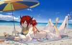  1571874752 1girl arknights ass bare_shoulders barefoot beach beach_umbrella bikini bird book breasts cloud cloudy_sky demon_horns detached_sleeves dress food green_wristband hair_ornament highres holding holding_pencil holding_spoon horns ice_cream long_hair looking_at_viewer lying medium_breasts official_alternate_costume on_stomach pencil purple_eyes red_hair seagull side-tie_bikini_bottom sky soles solo spoon star_(symbol) star_hair_ornament surtr_(arknights) surtr_(colorful_wonderland)_(arknights) swimsuit swimsuit_cover-up sword thigh_strap toes umbrella water weapon white_bikini 