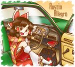  1girl :d austin_allegro benikurage_(cookie) blush boots bow brown_eyes brown_hair cookie_(touhou) detached_sleeves frilled_bow frilled_hair_tubes frills full_body hair_bow hair_tubes hakurei_reimu half_updo highres looking_at_viewer medium_hair mgrm_ysnr mittens_removed open_mouth parted_bangs red_bow red_mittens red_shirt red_skirt ribbon-trimmed_sleeves ribbon_trim right-hand_drive sarashi shirt sidelocks sitting skirt skirt_set sleeveless sleeveless_shirt smile solo steering_wheel touhou v-shaped_eyebrows white_footwear white_sleeves wide_sleeves 