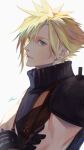  1boy armor black_gloves blonde_hair blue_eyes blue_sweater closed_mouth cloud_strife commentary crossed_arms earrings final_fantasy final_fantasy_vii final_fantasy_vii_remake from_side gloves hair_between_eyes highres jewelry looking_to_the_side male_focus mim_(mimya0600) short_hair shoulder_armor signature simple_background single_bare_shoulder sleeveless sleeveless_turtleneck solo spiked_hair stud_earrings suspenders sweater turtleneck turtleneck_sweater upper_body 