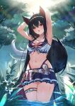  1girl ahoge animal_ear_fluff animal_ears armpits arms_up bikini black_hair blush braid commentary_request earrings forest fox_ears fox_girl fox_tail hair_between_eyes highleg highleg_bikini highres hololive hololive_summer_2023_swimsuit jewelry kinoko_(shikimylove) kurokami_fubuki long_hair looking_at_viewer multicolored_hair nature open_mouth red_bikini red_eyes red_hair sidelocks single_braid solo streaked_hair striped striped_bikini swimsuit tail virtual_youtuber wading wet 