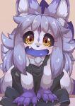  2023 4_fingers all_fours anthro apron apron_only blue_body blue_fur blue_hair blush canid canine clothed clothing cute_fangs digital_media_(artwork) female female_anthro fingers fox fur hair happy hi_res kemono kuzure-chan looking_at_viewer mammal multicolored_body multicolored_fur open_mouth open_smile purple_body purple_fur purple_hair sitting smile smiling_at_viewer solo tongue translated_description tsukai_rabi wariza young 