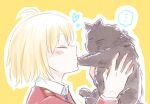  ... 1girl ahoge animal animalization black_cat blonde_hair cat closed_eyes commentary_request heart highres holding holding_animal holding_cat inoue_takina lycoris_recoil lycoris_uniform nishikigi_chisato short_hair smile xin_(blueramen) yellow_background 