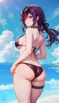  1girl absurdres ass bare_arms bare_shoulders bikini black_choker blue_sky breasts choker commentary cowboy_shot day highres honkai:_star_rail honkai_(series) kafka_(honkai:_star_rail) large_breasts long_hair looking_at_viewer low_ponytail purple_bikini purple_eyes purple_hair sky smile solo standing swimsuit thigh_strap thighs unstableboiler 