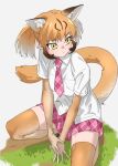  1girl animal_ear_fluff animal_ears brown_hair commentary elbow_gloves extra_ears gloves gradient_hair grass grey_background highres kemono_friends looking_to_the_side miniskirt multicolored_hair necktie orange_gloves orange_hair orange_thighhighs pink_necktie pink_skirt plaid plaid_necktie plaid_skirt pleated_skirt puma_(kemono_friends) shirt short_hair short_sleeves skirt solo squatting tail tanabe_(fueisei) thighhighs untucked_shirt white_hair white_shirt yellow_eyes zettai_ryouiki 