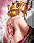  1girl artist_name back_tattoo bbdbg03 black_flower black_maria_(one_piece) blonde_hair blue_eyes breasts earrings flower hair_flower hair_ornament highres horns japanese_clothes jewelry large_breasts looking_at_viewer one_piece red_flower silk solo spider_web tattoo undressing upper_body 