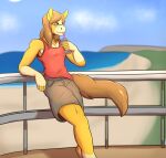  anthro beach beverage blue_eyes clothed clothing equid equine fur hi_res horse male mammal orange_body orange_fur seaside simple_background smoothie solo tail thony_dog 