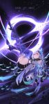  1girl absurdres commentary_request elbow_gloves genshin_impact gloves grey_hair hair_ornament high_heels highres legs_up long_hair looking_at_viewer pink_eyes purple_gloves purple_thighhighs skirk_(genshin_impact) solo thighhighs varhan_zuhair very_long_hair 