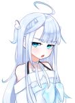  1girl ahoge amatsuka_uto annoyed blue_bow blue_eyes bow dress hair_behind_ear huge_bow indie_virtual_youtuber looking_to_the_side off-shoulder_dress off_shoulder open_mouth silver_dress solo two_side_up upper_body virtual_youtuber white_background wing_hair_ornament yoako 