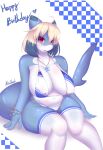  anthro areola big_breasts bikini blueshark blush breasts clothed clothing female fish footwear genitals hair hi_res legwear looking_at_viewer marine pussy shark solo stockings swimwear 