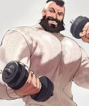  1boy bara beard dumbbell exercise facial_hair grey_sweater highres holding_dumbbell large_pectorals looking_at_viewer male_focus mohawk muscular muscular_male pectorals smile solo street_fighter street_fighter_6 sweater tatitutetra_(zumomo) teeth upper_body zangief 