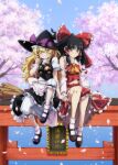  2girls black_eyes black_footwear black_hair black_headwear blonde_hair bow braid broom brown_footwear cherry_blossoms commentary_request detached_sleeves frilled_bow frills hair_bow hakurei_reimu hat kirisame_marisa long_hair looking_at_viewer lunamoon multiple_girls outdoors petals red_bow short_hair single_braid sitting smile socks touhou white_sleeves white_socks witch_hat yellow_eyes 