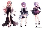  3girls absurdres animal_ear_fluff animal_ears bag bare_shoulders black_bag black_dress black_footwear black_gloves blue_eyes blush braid breasts butterfly_hair_ornament cat_ears cat_girl closed_mouth commentary_request detached_collar detached_sleeves dress eumi_114 fingerless_gloves full_body gloves green_eyes hair_ornament hand_up head_tilt high_heels highres holding holding_bag hololive large_breasts long_hair long_sleeves looking_at_viewer medium_breasts multicolored_hair multiple_girls neck_garter nekomata_okayu official_art open_mouth pink_hair puffy_short_sleeves puffy_sleeves purple_eyes purple_hair short_dress short_sleeves simple_background single_braid sleeveless sleeveless_dress small_breasts smile standing standing_on_one_leg strapless strapless_dress takane_lui tokoyami_towa two-tone_hair virtual_youtuber white_background 