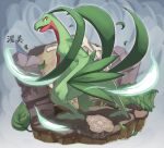  commentary_request falling_leaves floating_atsumi grass grovyle highres leaf looking_back no_humans open_mouth pokemon pokemon_(creature) rock solo standing yellow_eyes 