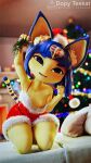  3d_(artwork) animal_crossing ankha_(animal_crossing) anthro bed bedroom_eyes big_ears blue_hair christmas christmas_clothing christmas_headwear christmas_tree clothing daz_studio digital_media_(artwork) domestic_cat dress felid feline felis female fireplace flashing flat_chested furniture hair hat headgear headwear hi_res holidays kneeling kneeling_on_bed looking_at_viewer mammal mistletoe narrowed_eyes nintendo on_bed plant santa_hat sashacakes seductive short_stack smile smiling_at_viewer solo thick_thighs tree undressing wide_hips yellow_body 