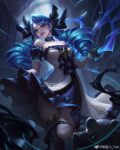  1girl absurdres arm_tattoo artist_name bare_shoulders black_gloves blue_eyes blue_hair bow chinese_commentary clothes_lift collarbone cowboy_shot dress dress_lift fantuan fog gloves gwen_(league_of_legends) hair_between_eyes hair_bow hair_ornament hairclip highres holding holding_scissors league_of_legends lolita_fashion looking_at_viewer night parted_lips scissors signature smile solo standing standing_on_one_leg stuffed_animal stuffed_toy tattoo teddy_bear 