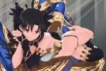  1girl aoi_nori_(aoicoblue) armlet asymmetrical_legwear asymmetrical_sleeves bare_shoulders barefoot black_hair breasts detached_sleeves earrings elbow_gloves fate/grand_order fate_(series) gloves hair_ribbon heavenly_boat_maanna hoop_earrings ishtar_(fate) jewelry long_hair looking_at_viewer medium_breasts neck_ring parted_bangs red_eyes ribbon single_detached_sleeve single_elbow_glove single_thighhigh smile solo thighhighs tiara two_side_up uneven_legwear uneven_sleeves 