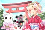  1girl alternate_costume alternate_hairstyle blonde_hair compa day hair_ornament hairband imo_soba japanese_clothes kimono long_hair neptune_(series) orange_eyes sash sky smile torii twitter_username warechu 