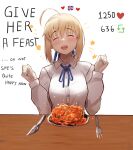  1girl absurdres ahoge artoria_pendragon_(fate) beans blonde_hair blue_ribbon bow closed_mouth eating english_text fate/grand_order fate/stay_night fate_(series) food fork gloves green_eyes hair_between_eyes hair_ribbon happy heart hh_(hehexd06161704) highres knife long_hair long_sleeves looking_at_food neck_ribbon plate ribbon saber shirt sidelocks simple_background smile solo star_(symbol) table toast union_jack upper_body white_background white_shirt 