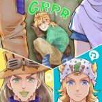  3boys blonde_hair blue_eyes brown_gloves closed_mouth commentary_request diego_brando dinosaur_tail glasgow_smile gloves green_eyes green_lips grm_jogio gyro_zeppeli hat heart highres horseshoe_ornament johnny_joestar jojo_no_kimyou_na_bouken long_hair long_sleeves looking_at_another male_focus multiple_boys musical_note scary_monsters_(stand) smile spoken_heart spoken_musical_note stand_(jojo) steel_ball_run sweater tail 