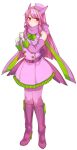  1girl alternate_color back_bow belt boots bow bowtie closed_mouth crobat detached_sleeves dress full_body gloves green_bow green_bowtie high_heel_boots high_heels katagiri_hachigou long_hair long_sleeves pantyhose personification pink_dress pink_eyes pink_pantyhose pokemon purple_belt purple_bow purple_footwear purple_scarf purple_sleeves red_eyes scarf shiny_pokemon simple_background solo standing white_background white_gloves 